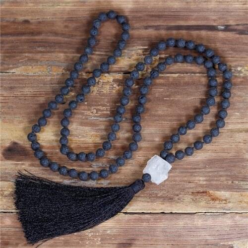 108 Mala Necklace Black Lava Beaded Necklace BOHO Meditation Tassel Necklace Yoga Handmade Jewelry Dropshipping