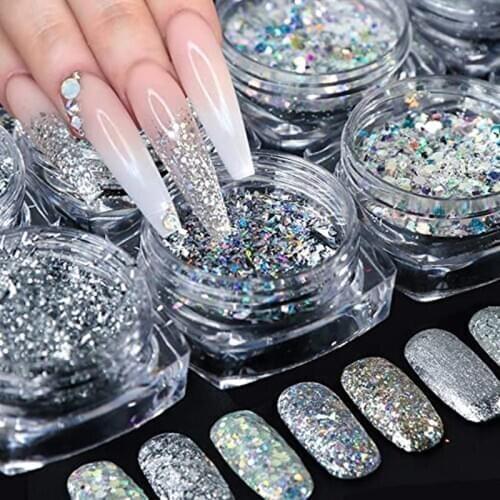 6 Boxes Holographic Nail Glitter Sequins Nail Art 3D Nails Glitter Flakes Shiny Acrylic Nails Powder Dust Silver Nail Glitters