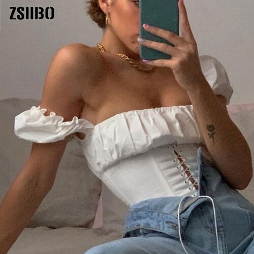 Off Shoulder Fashion Lace Up Shirts Blouse Blouse Women White Crop Tops Blouses Clothes Vintage Tie Front Tops