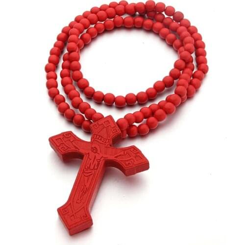 Black Red Wooden Jesus INRI Cross Pendant Necklaces Wood Bead Carved Rosary Necklace for Men Christian Religious Jewelry Gift