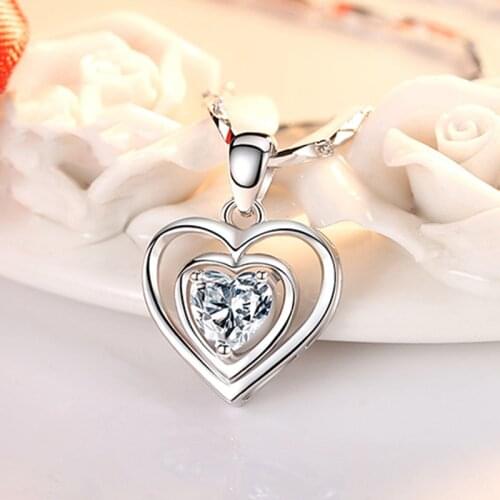 Double Heart Shaped Pendant Women Necklace Fashion Popular 925 Silver Chain On Neck Lady Clavicle Necklaces For Party Accessory