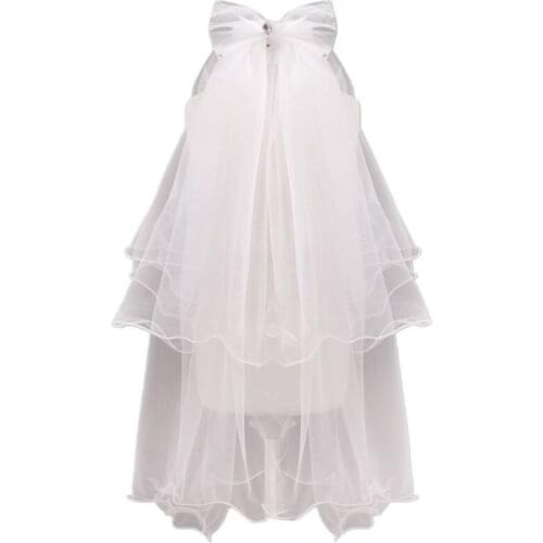 Handmade Double Layer Flower Girls Wedding Veils Cute Rhinestone Bowknot Costume W0YA