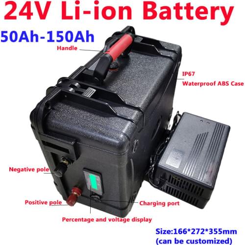 IP67 waterproof 24V 50Ah 60Ah 80Ah 100Ah 120Ah 150Ah lithium ion battery with BMS for boat thruster solar inverter+10A charger