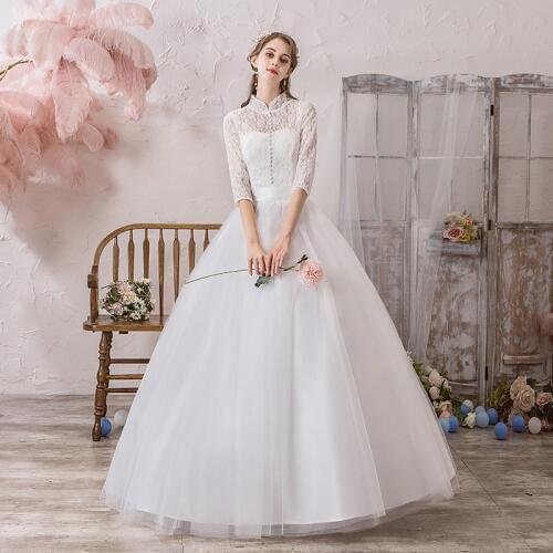 Classic Chinese Style High Neck Half Sleeve Lace Wedding Dress Plus Size Slim Floor Length Princess Bride Gown Robe De Mariee L