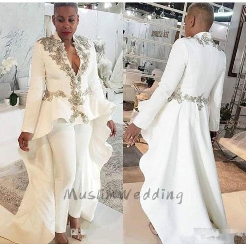 Jumpsuit White Pant Outfit Evening Dresses 2020 Sexy V Neck Appliques Black Girls Plus Size Prom Dress With Train Long Sleeve