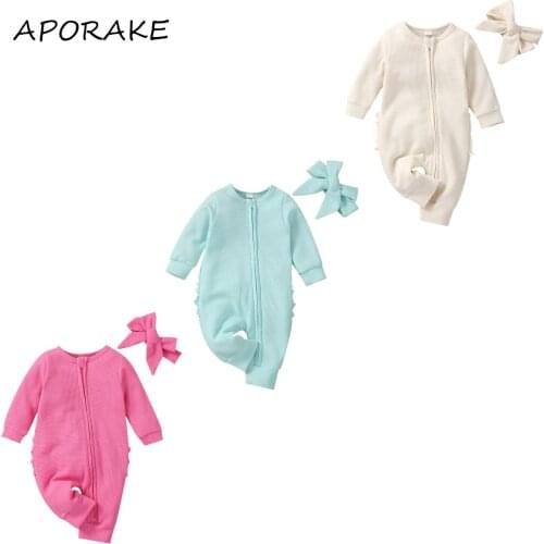 2021 0-18M Infant Baby Girl Jumpsuit+Headband Sweet Solid Color Ruffle Tutu Back Zipper Long Sleeve Jumpsuit Spring Fall 2pcs
