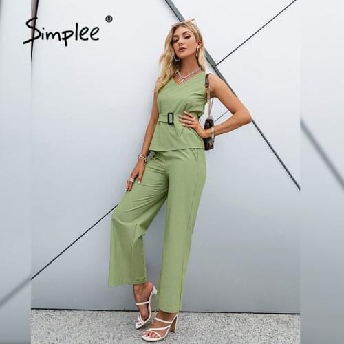 Simplee Elegant Green Two-piece Women Suit Casual Summer Sleeveless V-neck Top Pants Sets 2021 Fashion Solid Office Ladies Suits