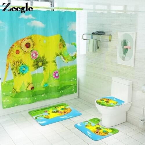 Animal Printed Bath Mat and Watyerproof Shower Curtain Set Flannel Bathroom Foot Rug Anti-slip Toilet Seat Cover Mat