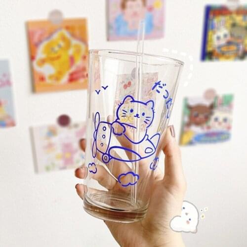 Ins Water Cup Simple Glass Transparent Straw Cup Girl Heart Drinking Cup Home Milk Breakfast Cup
