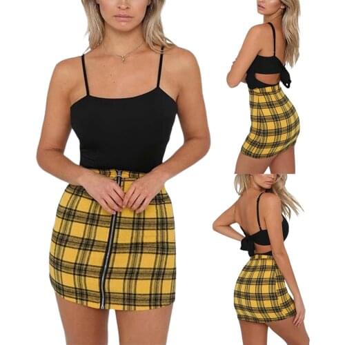 New Fashion Womens Mini Skirt Casual High Waist Plaid Print O Ring Zipper Decoration Front Pencil Comfortable Skirt