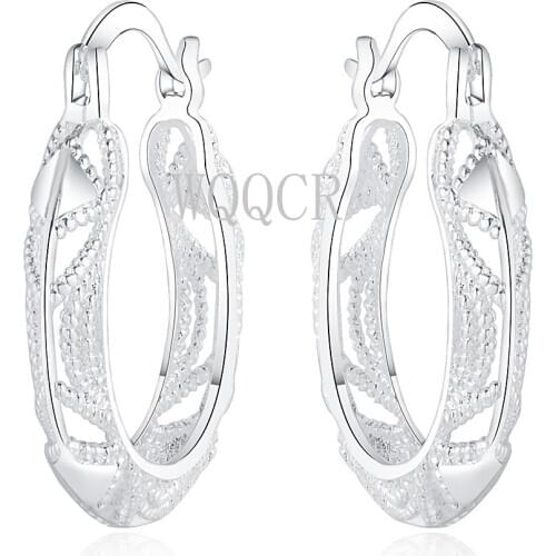 Fashion 925 Silver Color Hollow Flower Earrings Large Hollow Round Earrings Carved Flower Pendant Earrings Women