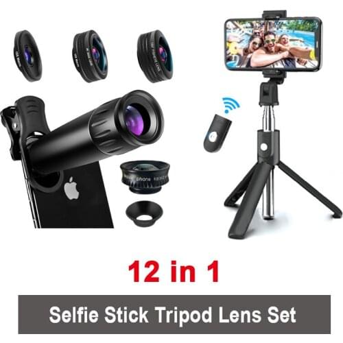 Cell Phone Camera LensTelescope 12 in 1 Selfie Stick Set With Bluetooth Remote Control Kit With Bracket Clip Tripod