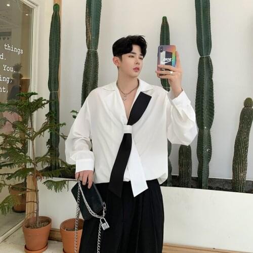 Men Shirt Lapel Tie Long Sleeve Loose Casual Korean Design Fashion Dress Shirts