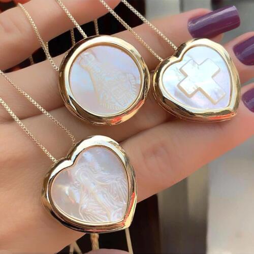 Natural Mother Pearl Shell Round Cross Heart Shaped Pendant Necklace For Women Gold color copper chain Necklaces Fashion Jewelry