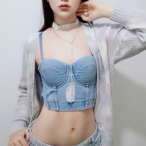 2021 New Style Womens Denim Camisole Sexy Shoulder Strap Denim Corset Vest Ripped Summer Crop Tops for Female