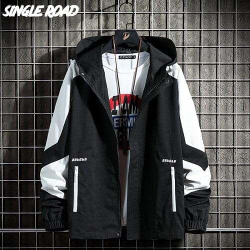 SingleRoad Mens Hooded Jacket Men 2021 Patchwork Windbreakers Zipper Coat Japanese Streetwear Male Casual Black Jackets For Men