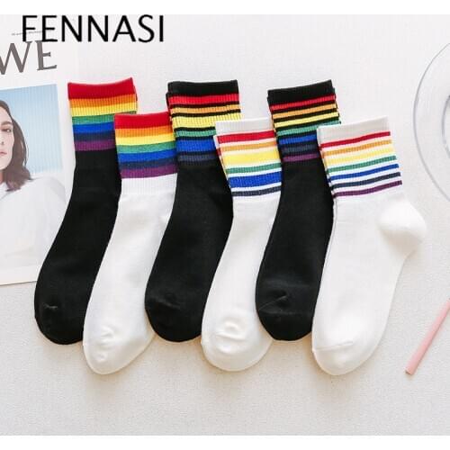 2019 Autumn And Winter Rainbow Stripes In The Tube Female Socks Japanese Long Socks Trend Street Korean Candy Color Socks Woman