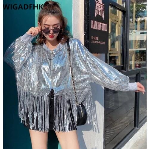 Autumn Streetwear Fashion Sequined Jacket Womens Lantern Sleeve Tassel Short Jacket Loose Solid Color Short Jacket