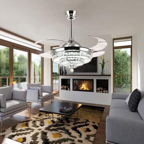 YEELED Light 42" Crystal Ceiling Fan Light with 3-Color and 3 Speed Retractable Invisible Blade Fandelier for Indoor Living Room