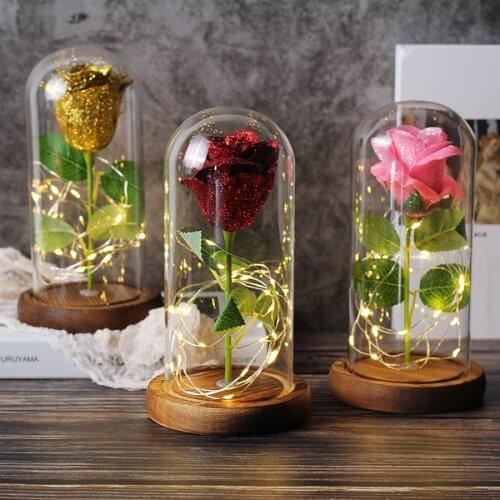 Dropshipping Red/ Pink/Blue Eternal Shining Rose in A Glass Dome with LED Light On White Base for Valentines Mothers Day Gifts