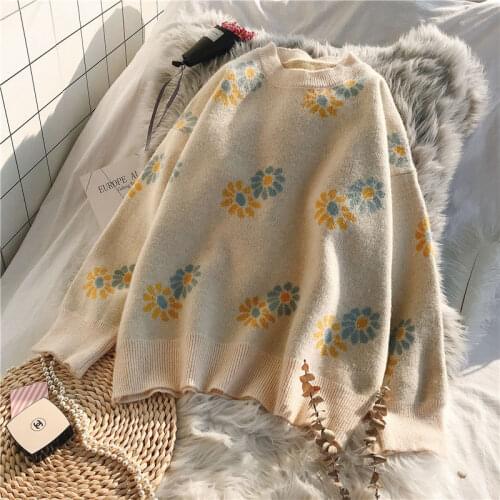 Sweater women loose 2021 new autumn and winter Korean version of the round neck printed long-sleeved knitted top casual