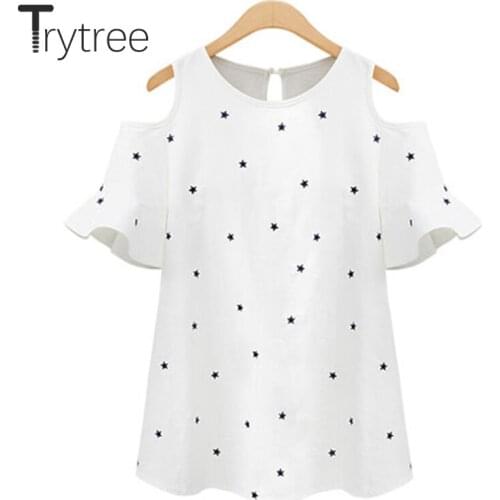 Trytree 2020 Summer Women T-shirt Casual O-neck Star Ruffles 2 Color Loose Fashion Elegant All-Purpose Style T-shirt Tops