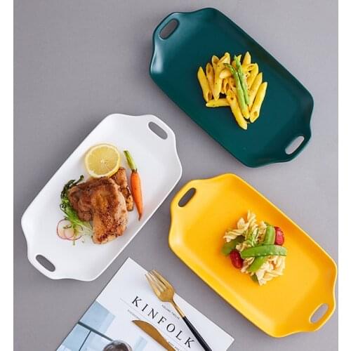 Creative Rectangular Baking Tray with Hollow Ears Glazed Breakfast Ceramic Tray Anti-slip Household Spaghetti Baked Rice Platter