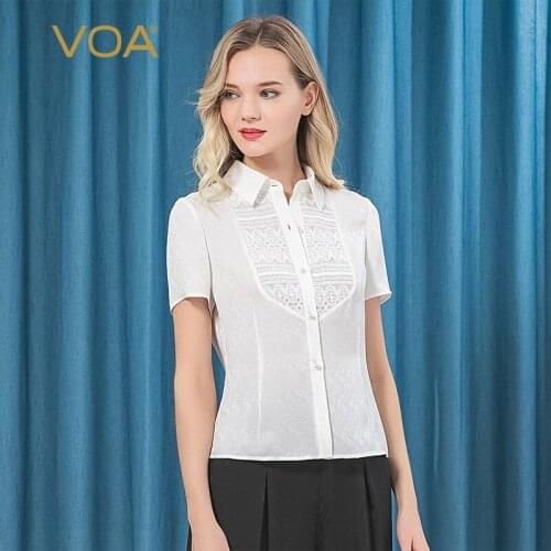 VOA Silk 22m/m Jacquard Ivory Basin Neck Women Shirts Voile Splicing Breathable Self-Short-Sleeved Shirt Female B105