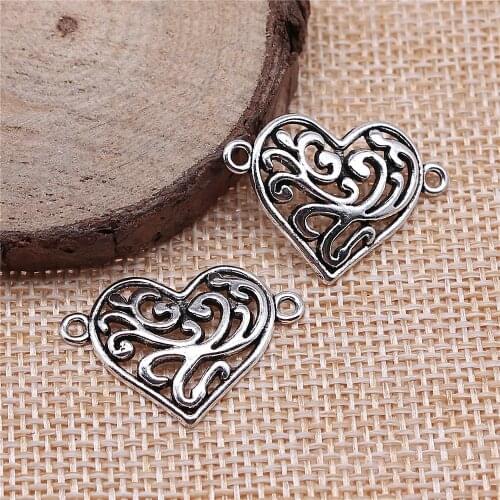WYSIWYG 10pcs Charms Heart Connector 27x19mm Antique Making Pendant Fit Vintage Tibetan Silver Color DIY Handmade Jewelry