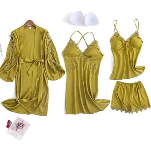 Yellow 4PCS Sleepwear Kimono Gown Women Silky Satin Nightwear Home Clothes Lace Patchwork Nightdress Sexy Nightgown Lingerie