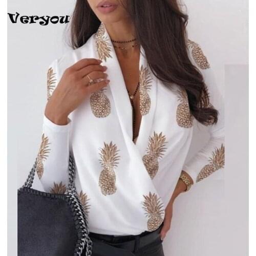 Ladies Print Long Sleeve T-shirt Women Tops Scarf Collar Spring and Autumn Shirt Office Lady Pineapple Print Stripe Women Tee