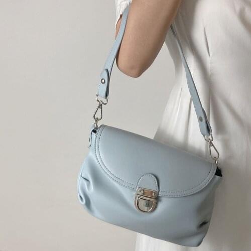 Women Soft Handbag Small Blue Ruched Leather Shoulder Bag Ladies Designer Lock Large Capacity Baguette Bag Fashion Women Bag