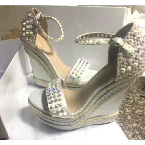 Pearl White Color Rivets Studs Sandals Wedges Heeled Braided Platform Sole Sandals Women Intrigue Metal Spike Peep Toe Sandalias