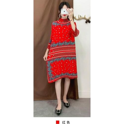 HOT SELLING fashion fold in the womens long print dress High collar 7 points sleeves red dress IN STOCK