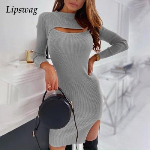 Women Fashion Sexy Chest Hollow Long-sleeved Dress Office Lady Casual O Neck Solid Ribbed Party Dress 2021 Autumn Elegant Dress