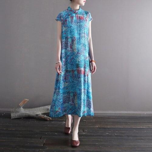 Johnature Women Print Floral Dresses Cotton Linen Stand Short Sleeve 2021 New Summer Chinese Style Female Clothes A-Line Dresses