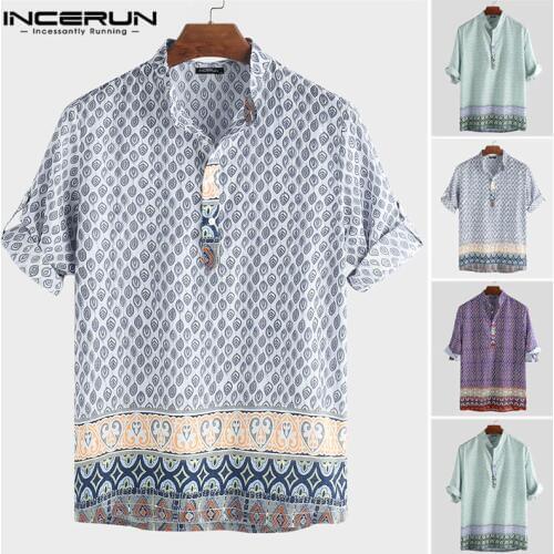 INCERUN 2021 Men Bohemian Hawaiian Shirt Print Loose Stand Collar Half Sleeve Tops Camisa Beach Casual Shirts Men Pullovers 5XL