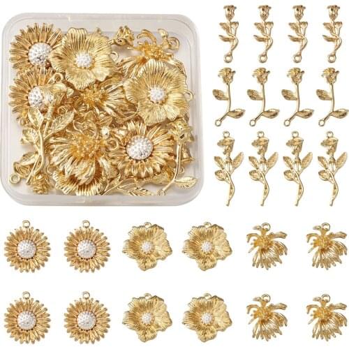 24pcs/box Alloy Rose & Flower Pendants For Bracelet Necklace Making DIY Decor Accessories Light Gold