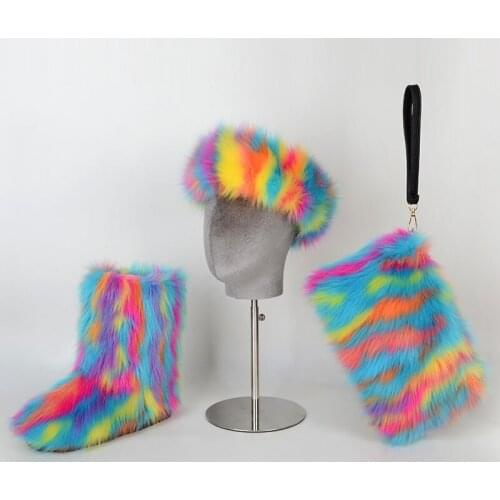 New Fashion Winter Woman Fur Boots Fluffy Faux Fur Snow Boots Thick Warm Plush Flat Heel Boots Ladies Hand Bag Headband Set