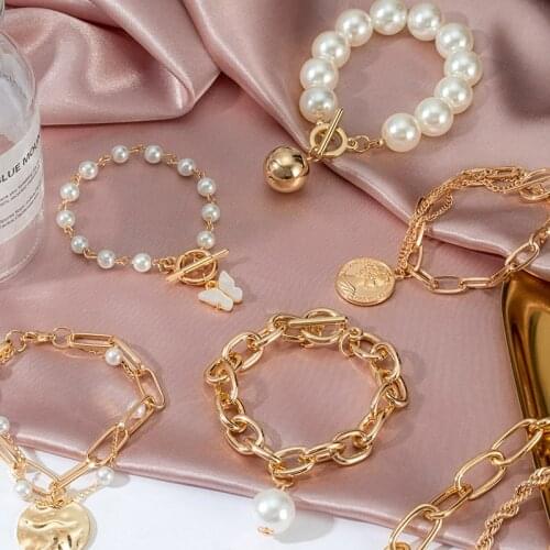 Punk 2021 Gold Color Charm Chain Bracelets For Women Pearl Coin Butterfly Alloy Bangle Bracelets Fashion Bohemian Jewelry Gift