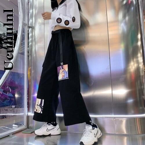 Ucuhulnl Japanese Pants Wide Leg Cargo Pants Harajuku Cartoon Print Trousers 2021 Streetwear Summer Stretch Waist Pants with