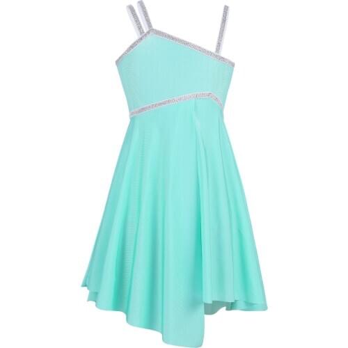 Kids Girls Gymnastics Leotard Asymmetrical Shoulder Straps Shiny Ballet Dance Dress Children Latin Stage Performance Costume