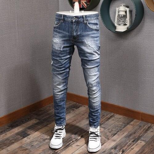 Streetwear Fashion Jeans Men High Quality Brand Designer Slim Fit Ripped Jeans For Men Retro Blue Hip Hop Punk Denim Pants Homme