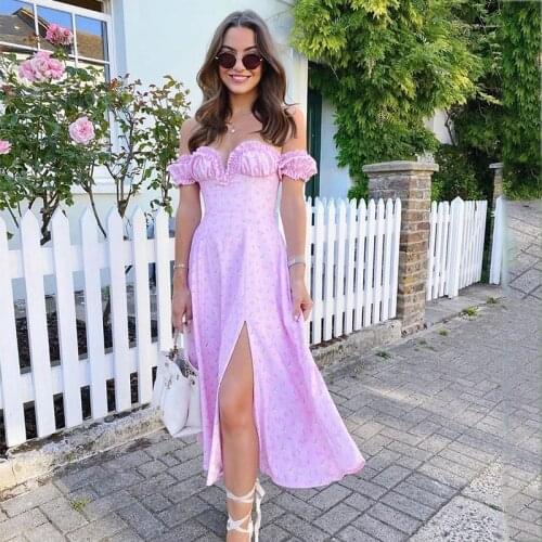 Foridol Ruffle Off Shoulder Vintage Summer Dress Women Boho Slit Floral Print Long Dress Vintage A-line Pink Sundress 2021