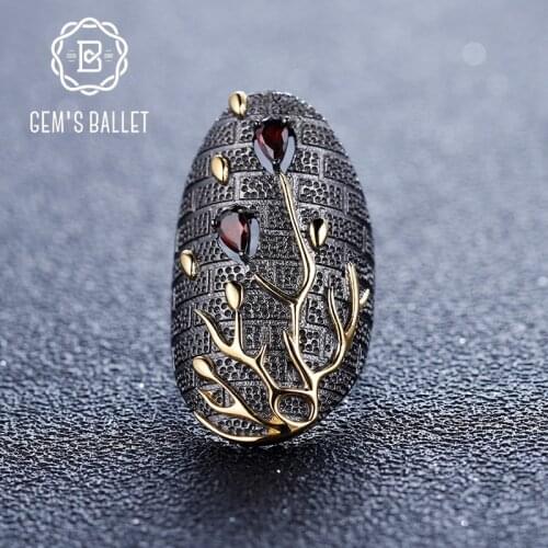 GEMS BALLET 925 Sterling Silver Original Handmade Petal Floral Rings 0.56Ct Natural Garnet Gemstones Finger Ring for Women