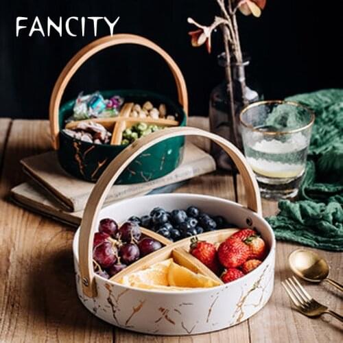 FANCITY Creative ceramic grid plate with lid dried fruit plate fruit platter Nordic living room household fruit box snack snack