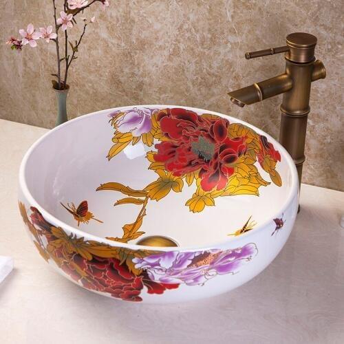Beautiful peony butterfly design jingdezhen hand throwing porcelain art basin