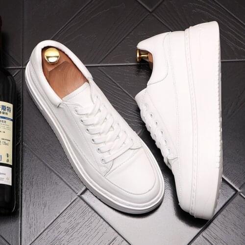 Korean designer mens leisure genuine leather shoes lace-up breathable white shoe street style platform sneakers zapatos hombre