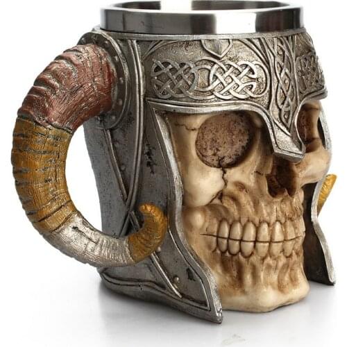 3D Resin Stainless Steel Mugs Coffee Cups Tumbler Double Wall Glass Cups Skull Knight Tankard Halloween Viking Whiskey Tea Beer