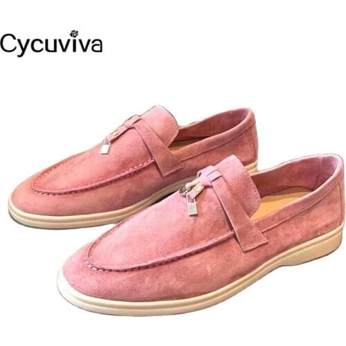 Hot Sale Womens Flat Loafers Kid Suede Mules Summer Walk Casual Shoes Lasies White Sweing Line Decor Outwear Shoes Woman